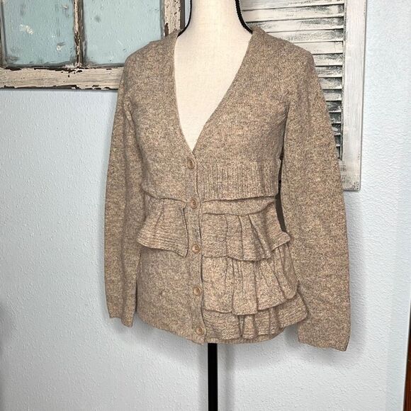 Moth Cardigan Sweater Beige Wool Blend Ruffle Womens Size Small - Picture 3 of 9